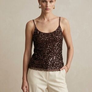 Le Château Brown Sequin Camisole Tank Top  Beaded Straps Size XS
